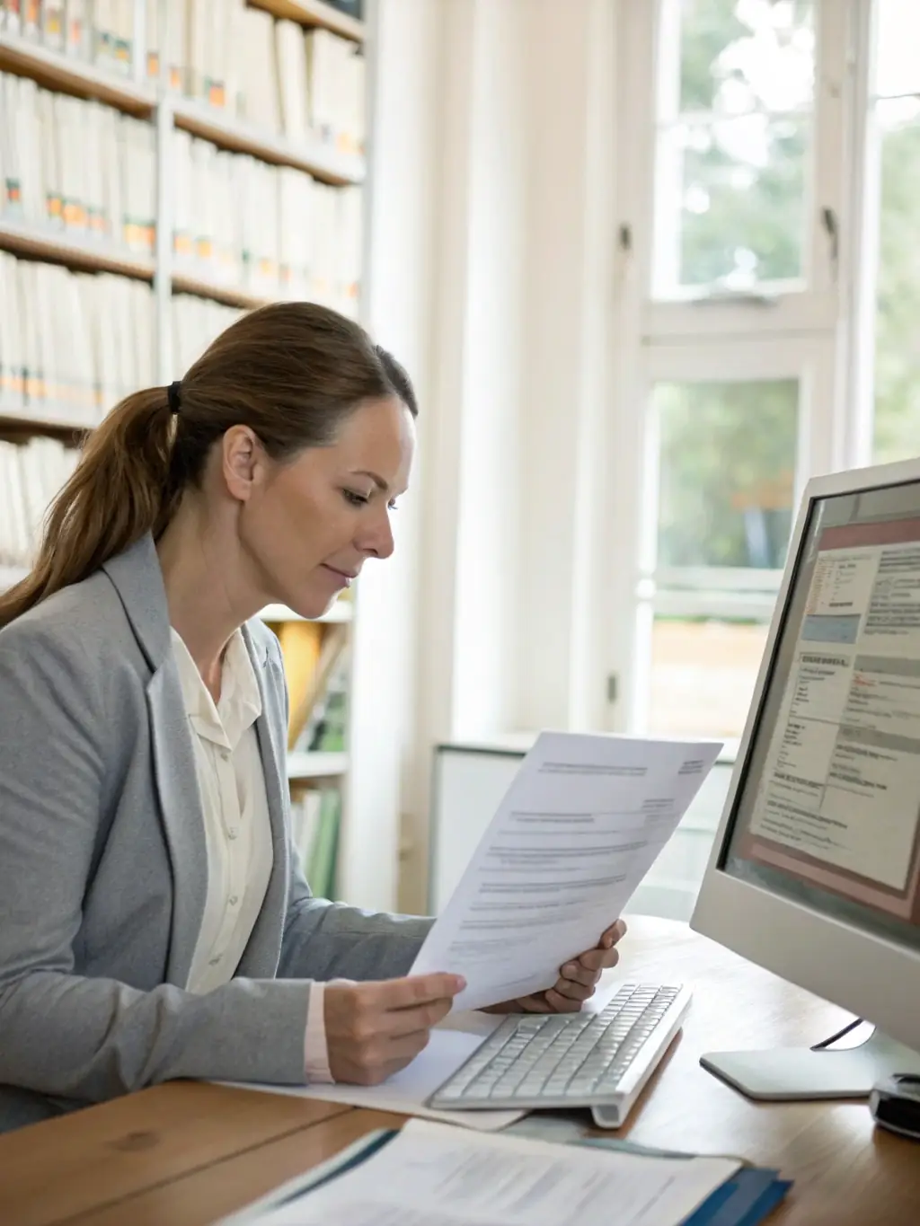 A professional recruiter is reviewing a stack of resumes in a brightly lit office, showcasing the initial screening process.