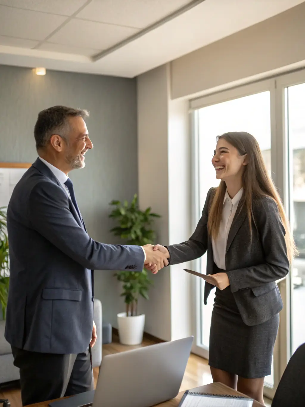 A handshake between a recruiter and a candidate, signifying a successful placement and partnership.
