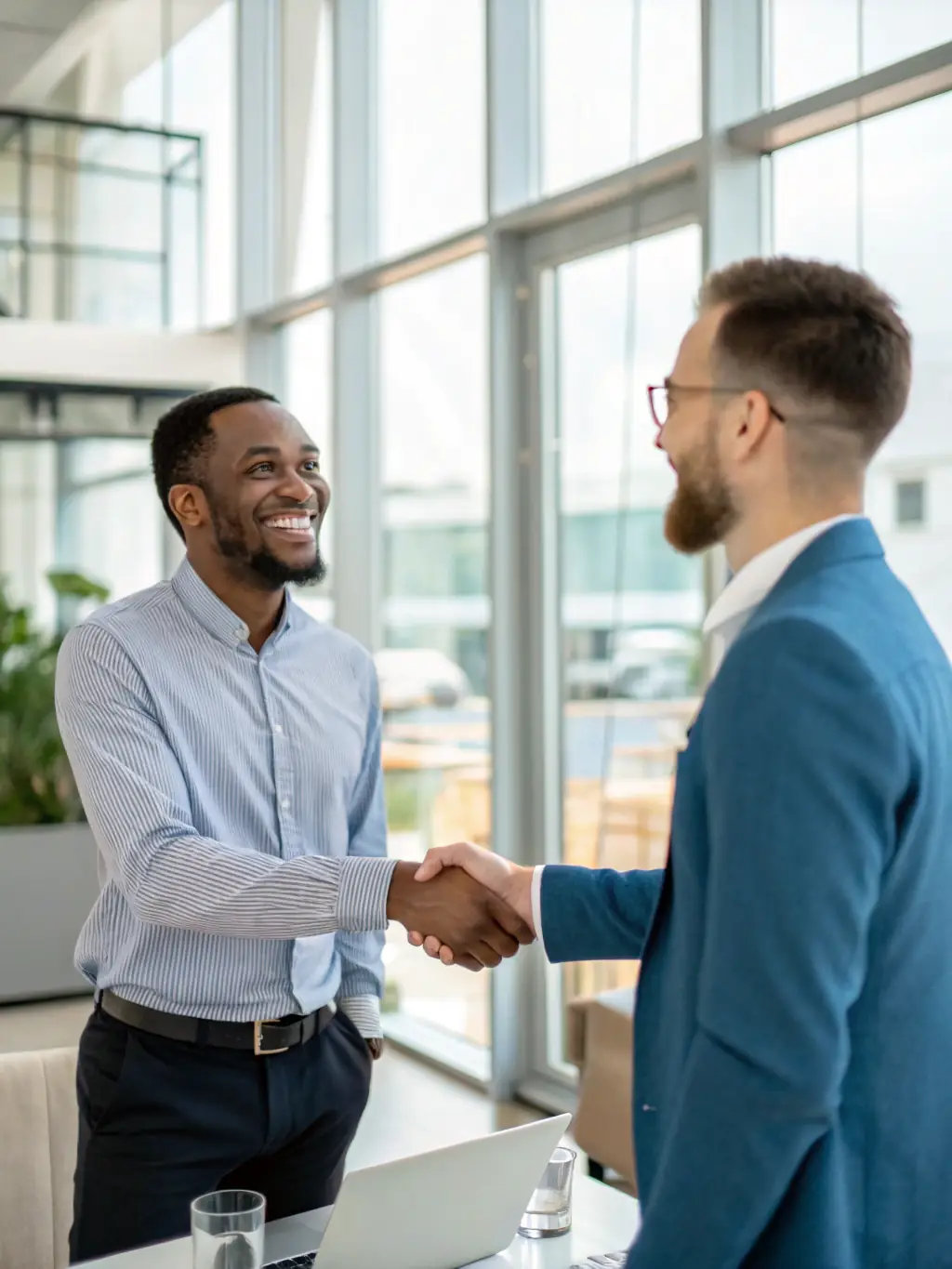 A hiring manager is shaking hands with a newly hired employee, symbolizing successful placement.
