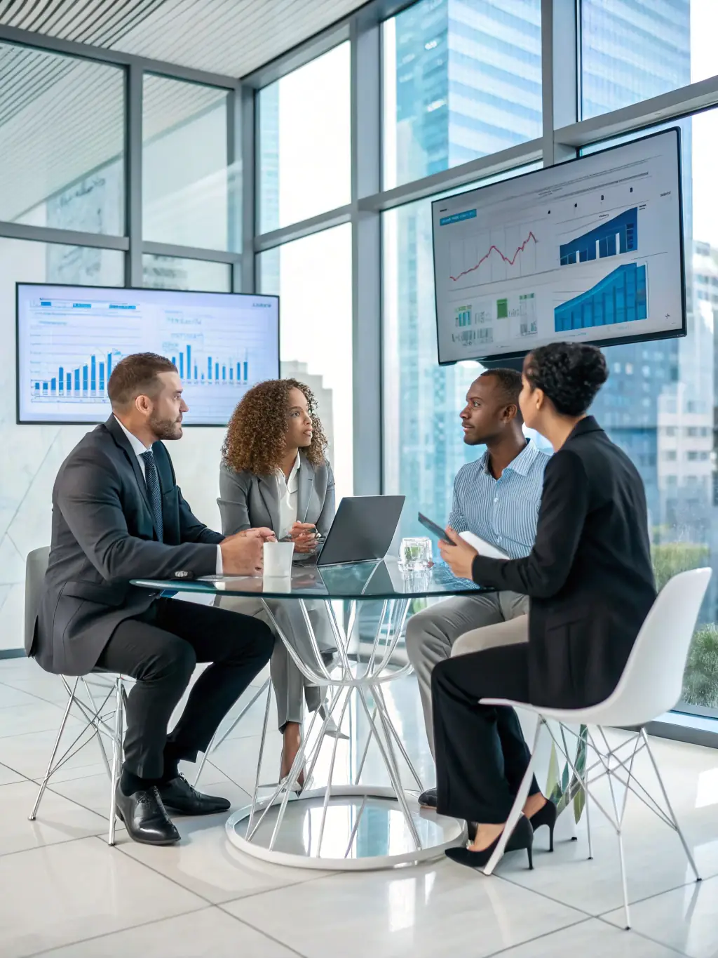 A team of professionals collaborating over a recruitment strategy in a modern conference room, representing Crestwood Recruiters' Leadership Recruitment service.