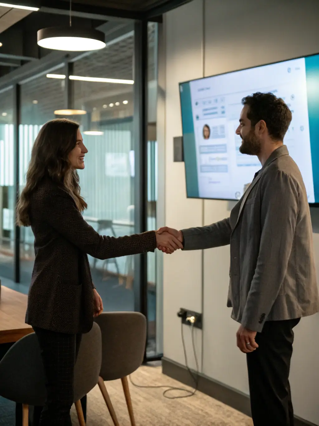 An image of a professional handshake between a recruiter and a C-suite candidate in a modern office setting, symbolizing Crestwood Recruiters' Executive Search service.